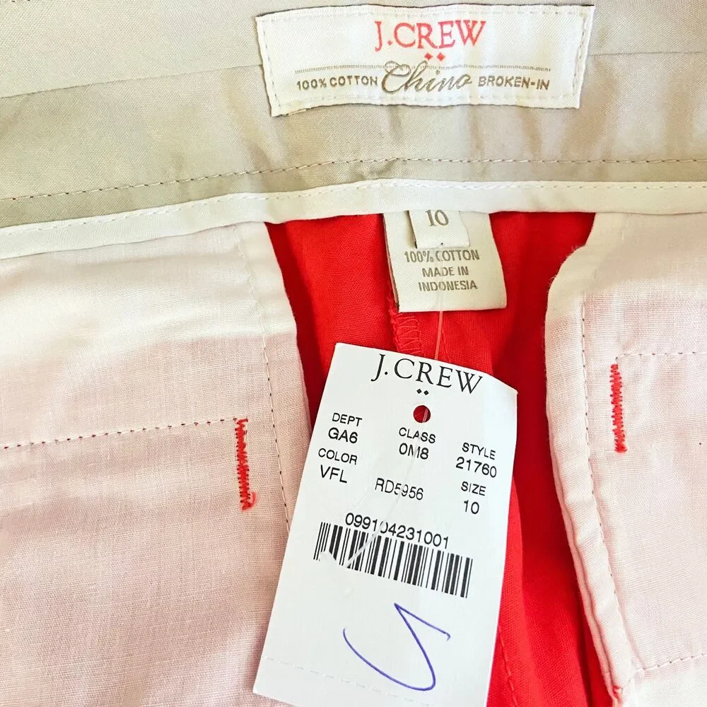 J Crew Women's Broken-in Chino Shorts Size 10 Red Cotton 5-inch Inseam Pockets